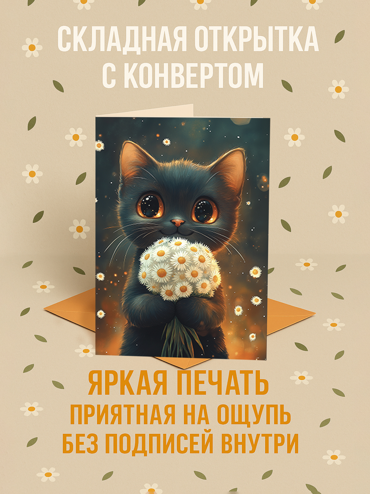 Чёрный котик с ромашками