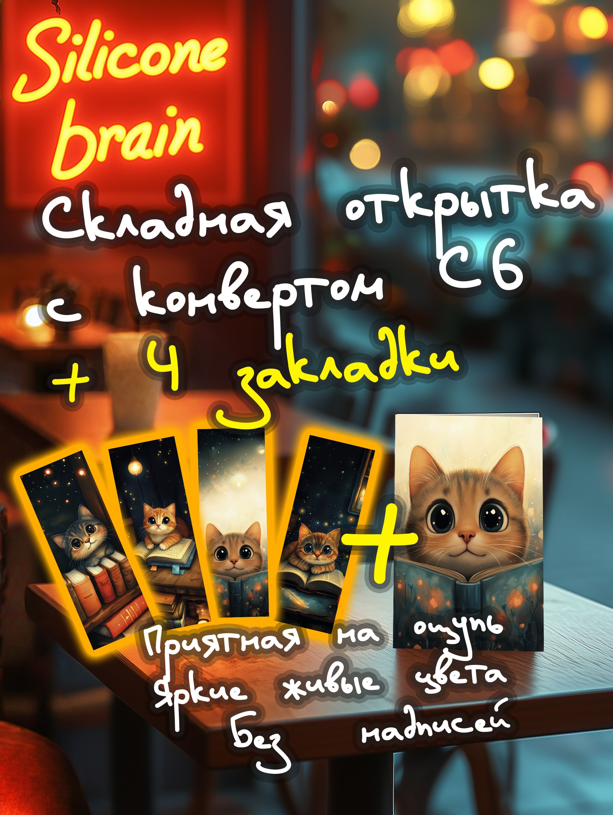 Котик с книгой: набор открытка и 4 закладки