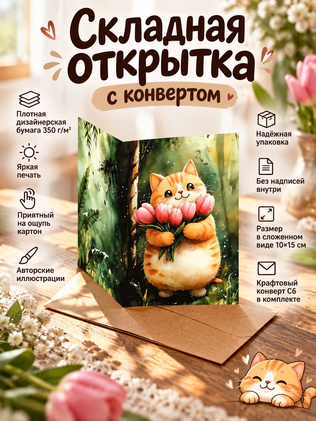 Котик с тюльпанами