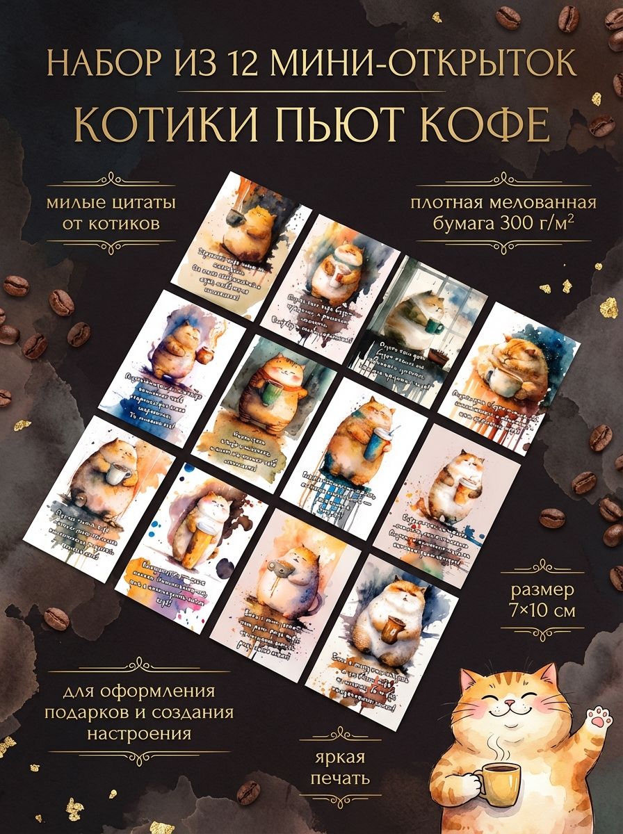 Мини-открытки "Кофейная мудрость котиков" (12 шт., яркая печать) - Мотивационный набор