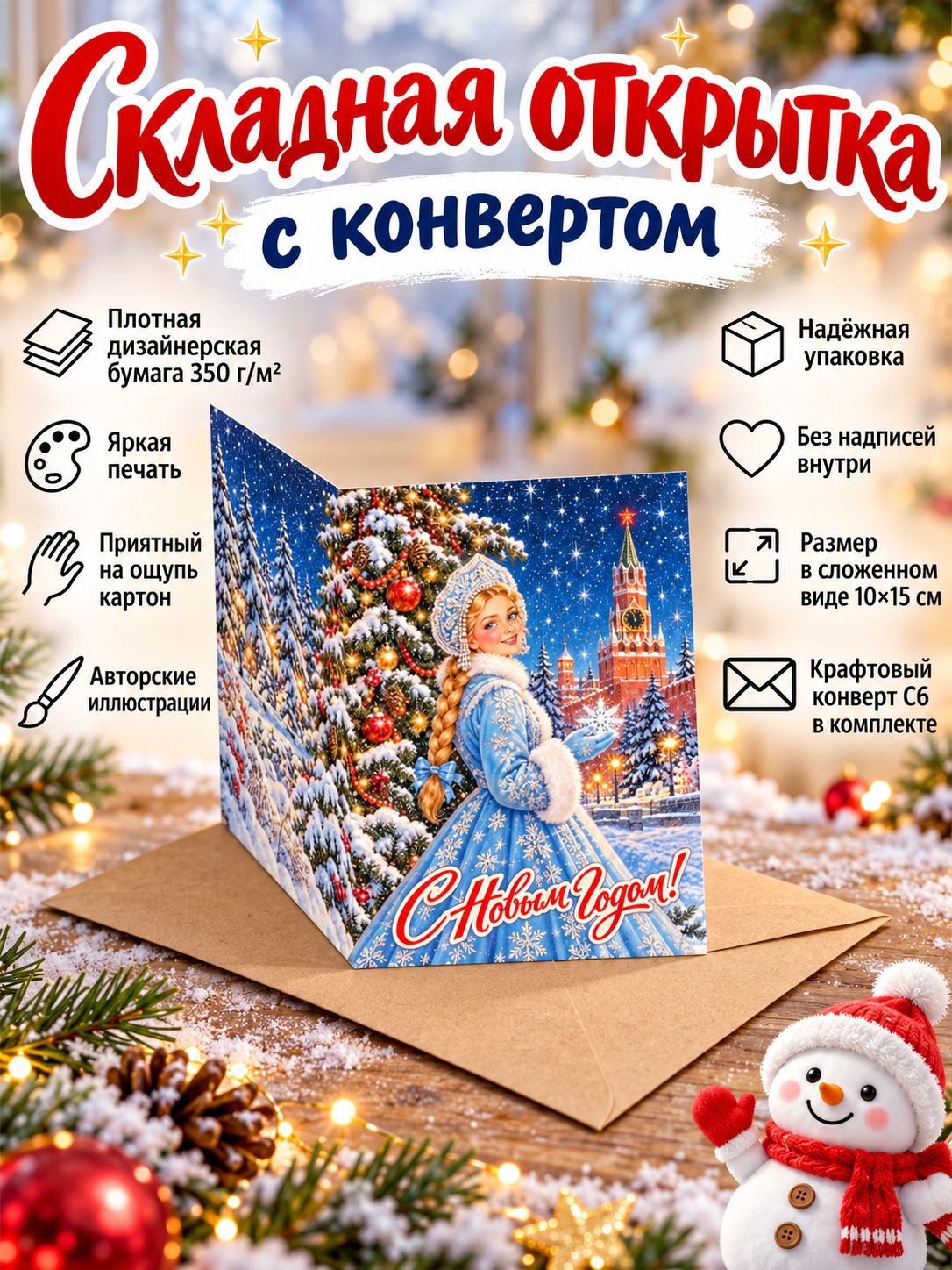 Складная открытка со Снегурочкой у новогодней елки, 10 15 см, с конвертом, для поздравления с Новым годом