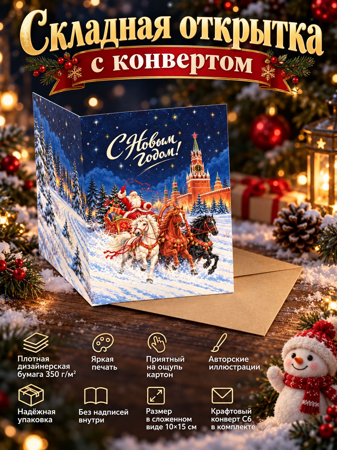 Складная открытка с Дедом Морозом на тройке лошадей, 1 шт., размер 10 15 см с конвертом, для поздравления с Новым годом