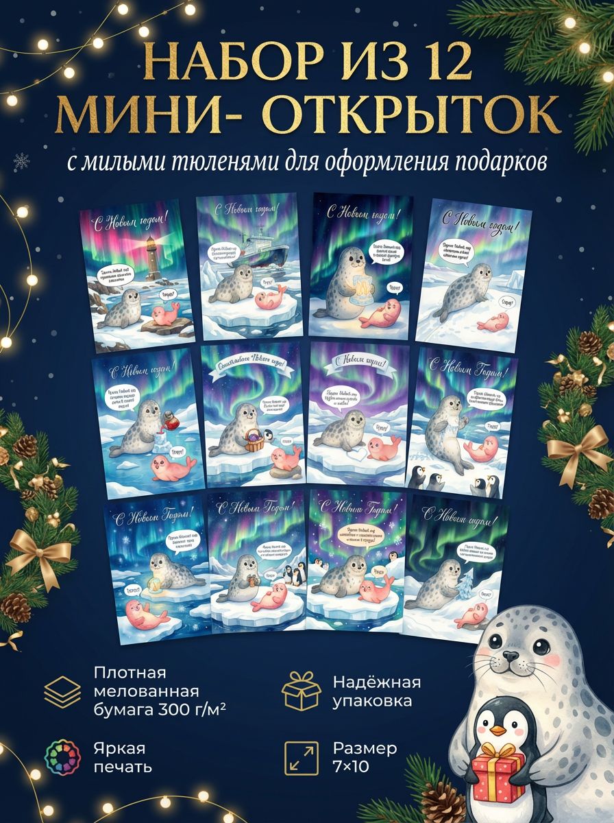 Уруру! Новогодние тюлени: набор из 12 ярких мини-открыток, добрые и милые иллюстрации, для оформления подарков на Новый Год и Рождество, для Тайного Санты