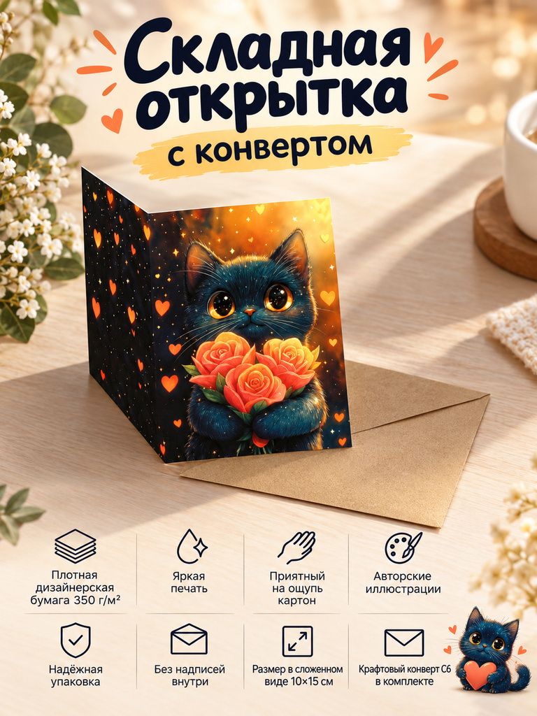 Чёрный котик с розами