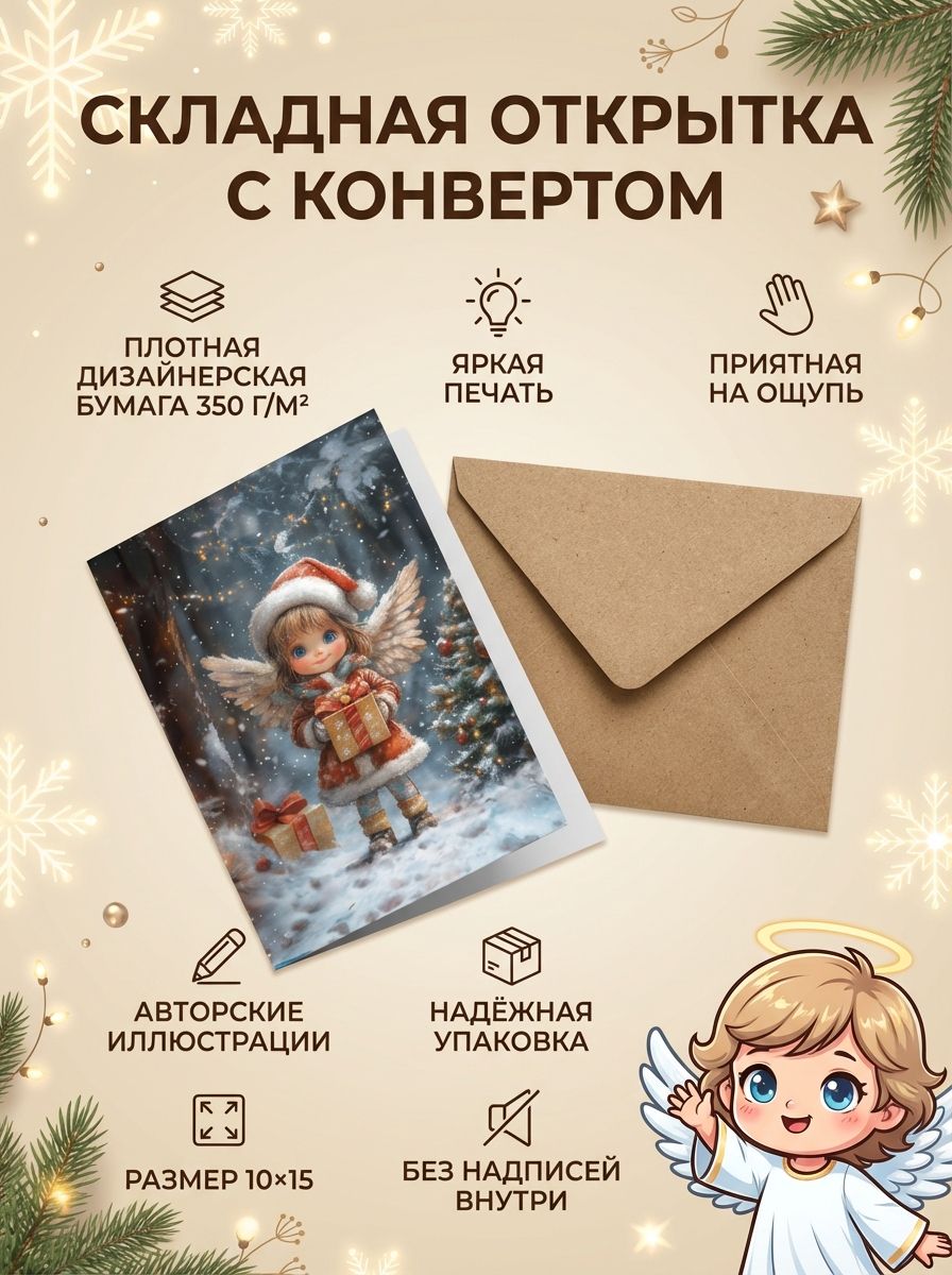 "Рождественский ангел 2", яркая открытка подарочная с крафтовым конвертом, дизайнерская бумага, складная без надписей, для Нового Года и Рождества
