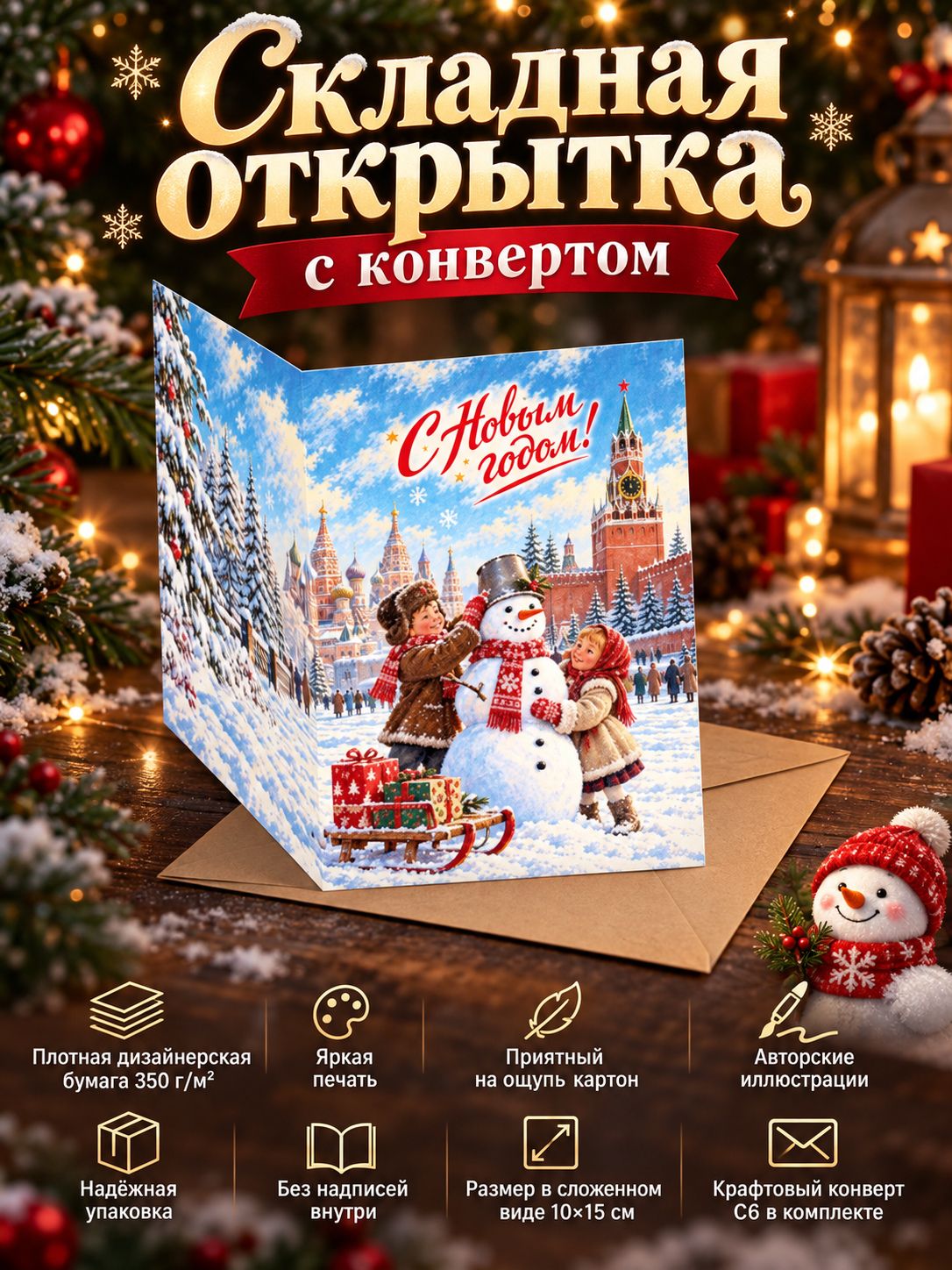 Складная открытка Зимняя Москва , 1 шт., размер 10 15 см с конвертом, для поздравления с Новым годом.