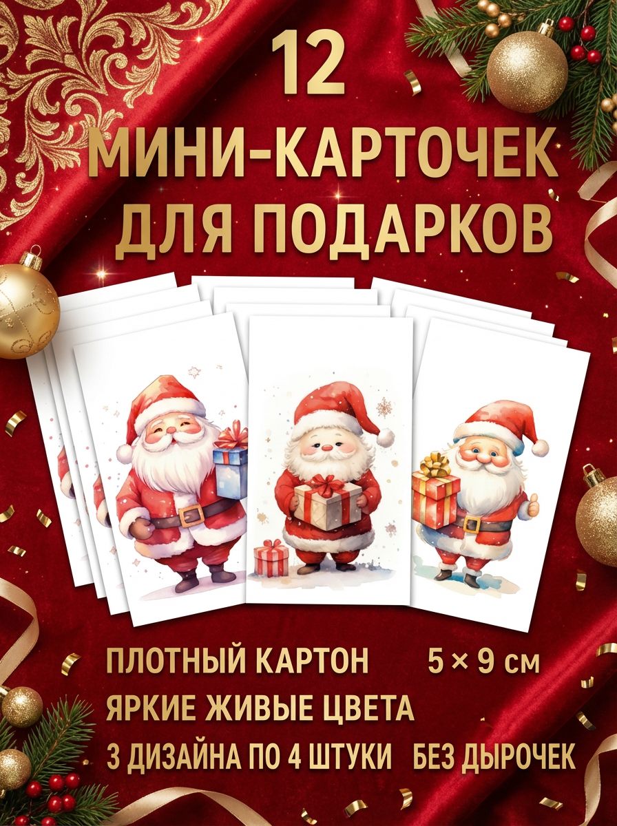 "Милые новогодние Деды Морозы": Яркий набор бирок-открыток для праздничного настроения и новогодних сюрпризов