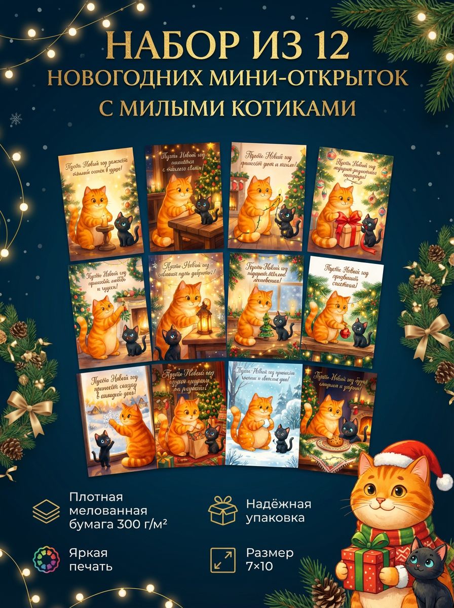 Новогодние котики: набор из 12 ярких мини-открыток, добрые и милые иллюстрации, для оформления подарков на Новый Год и Рождество