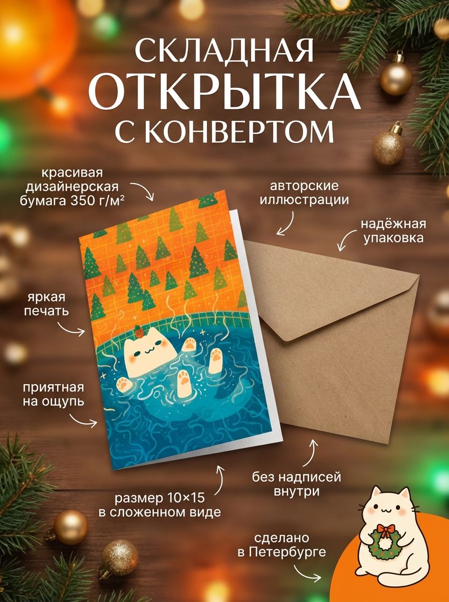 "Котик в горячем источнике", яркая открытка подарочная с крафтовым конвертом, дизайнерская бумага, складная без надписей, для Нового Года и Рождества