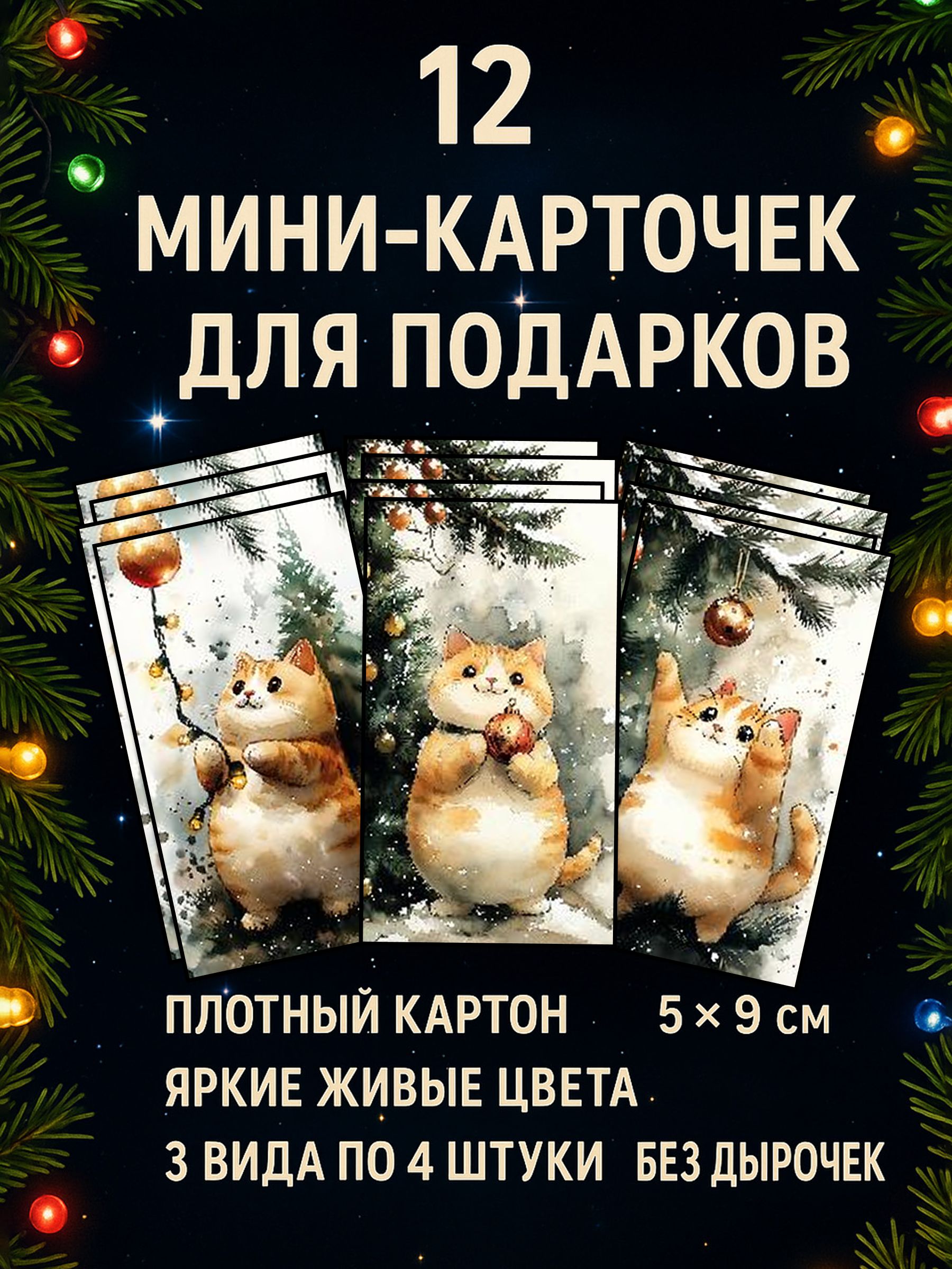 "Толстенькие новогодние котики": Яркий набор бирок-открыток для праздничного настроения и новогодних сюрпризов