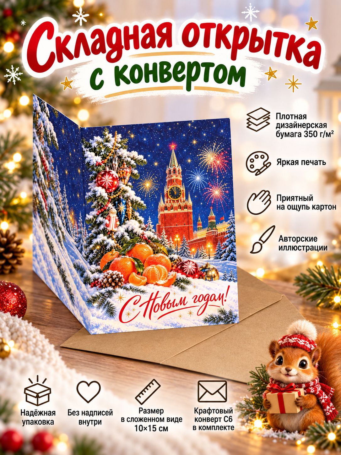 Складная открытка с новогодним Кремлем и елью, 10 15 см, с конвертом, для поздравления с Новым годом