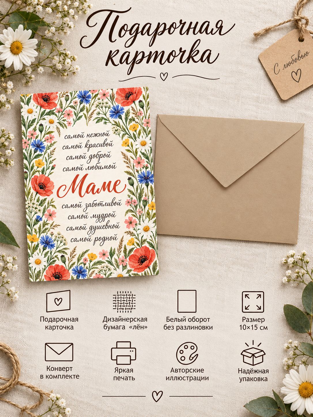 Подарочная открытка Маме с цветами