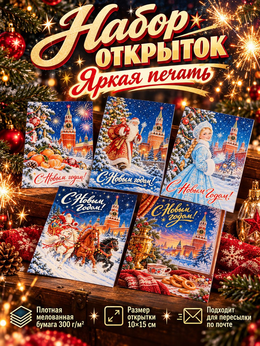 Открытки с Дедом Морозом и Снегурочкой, 5 штук, размер 10 15 см, новогодний набор для поздравления близких и друзей