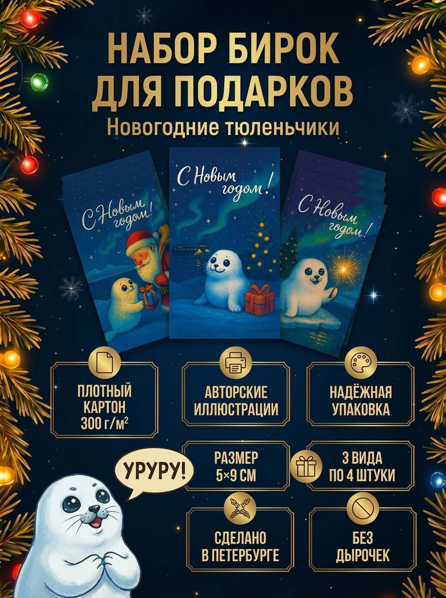 "Новогодние тюленьчики": Яркий набор бирок-открыток для праздничного настроения и новогодних сюрпризов