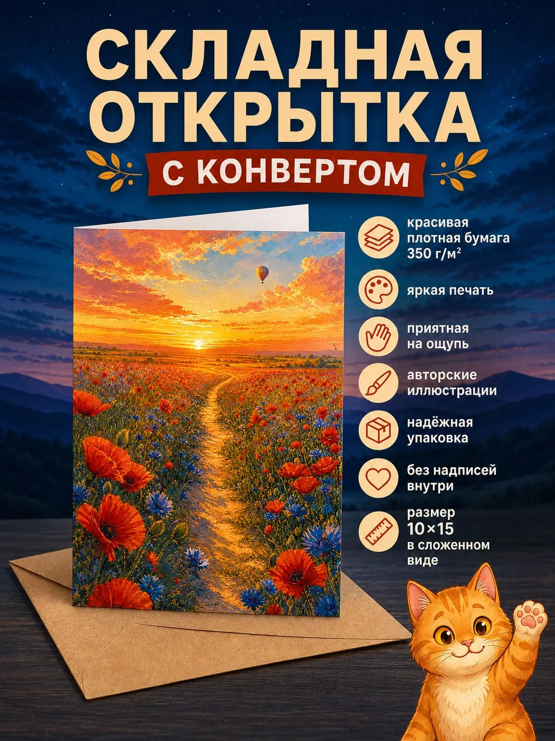 Закат на летнем лугу с алыми маками