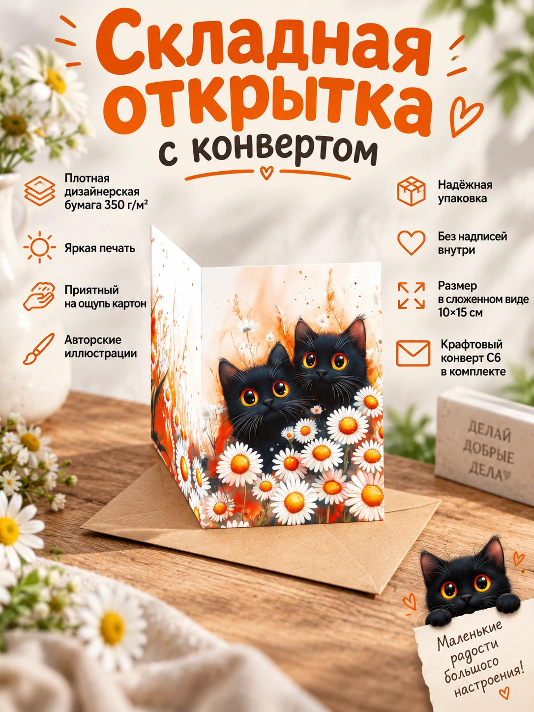 Чёрные котята с ромашками