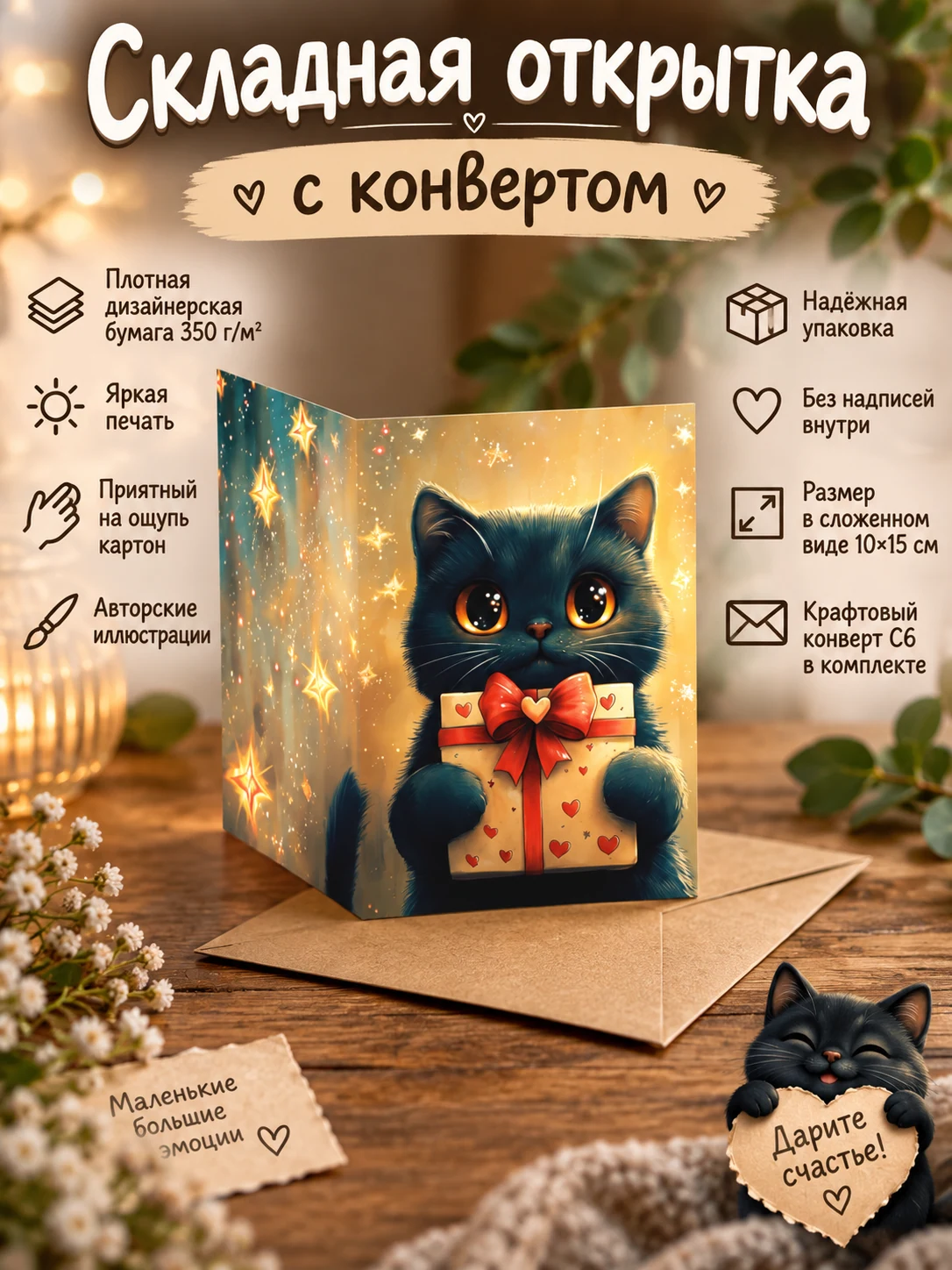 Чёрный котик с подарком