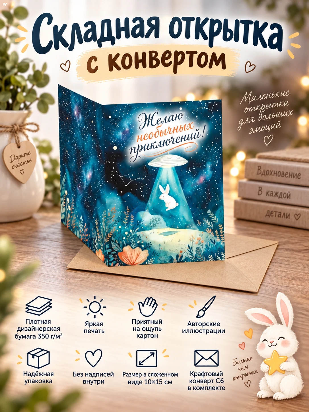 "Желаю необычных приключений!", мотивирующая открытка (дизайнерская бумага) - Забавный поддерживающий подарок подруге, для друзей и коллег