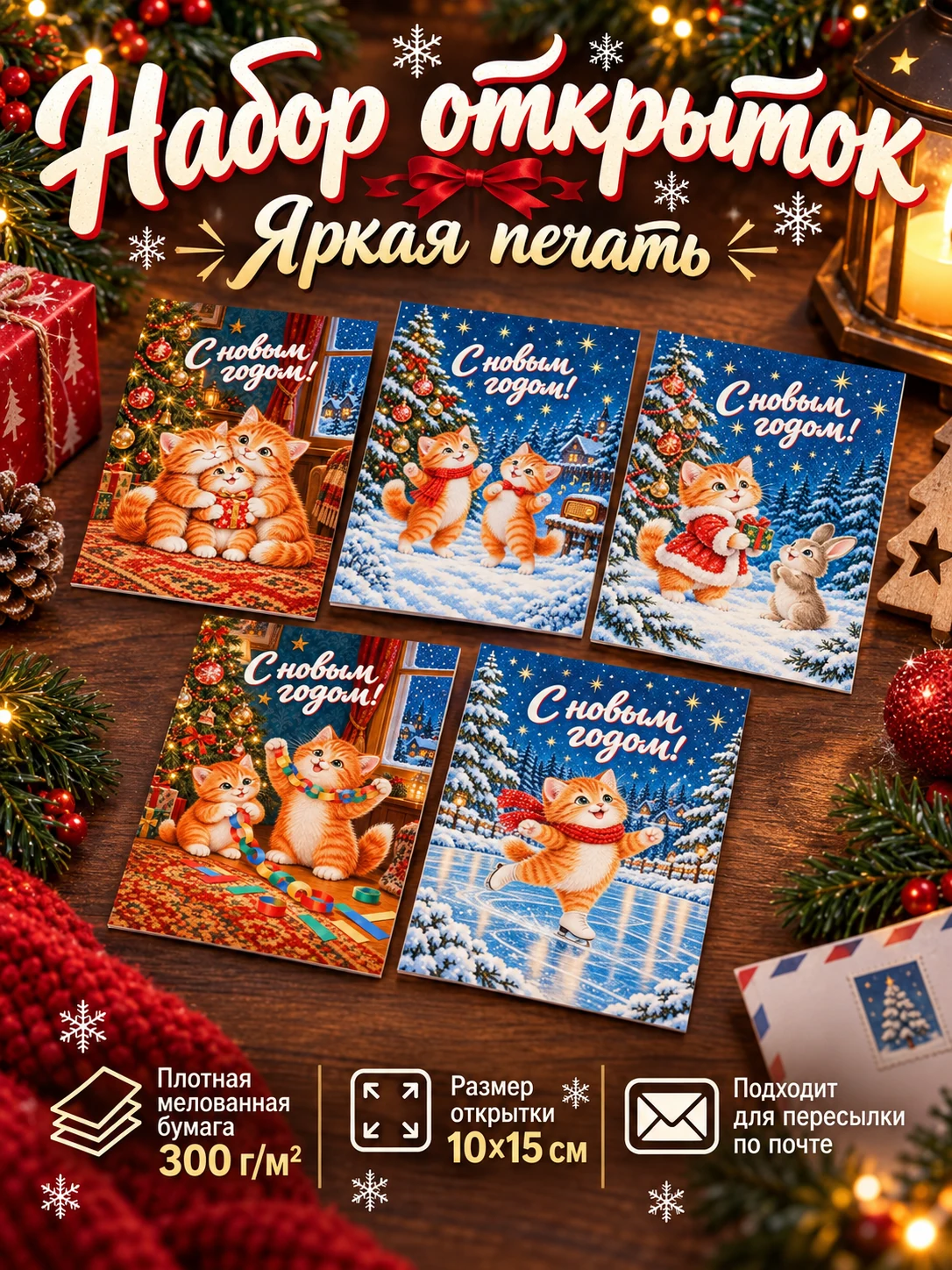 Рыжие новогодние котики: набор из 5 ярких открыток для посткроссинга и поздравлений на Рождество и Новый год