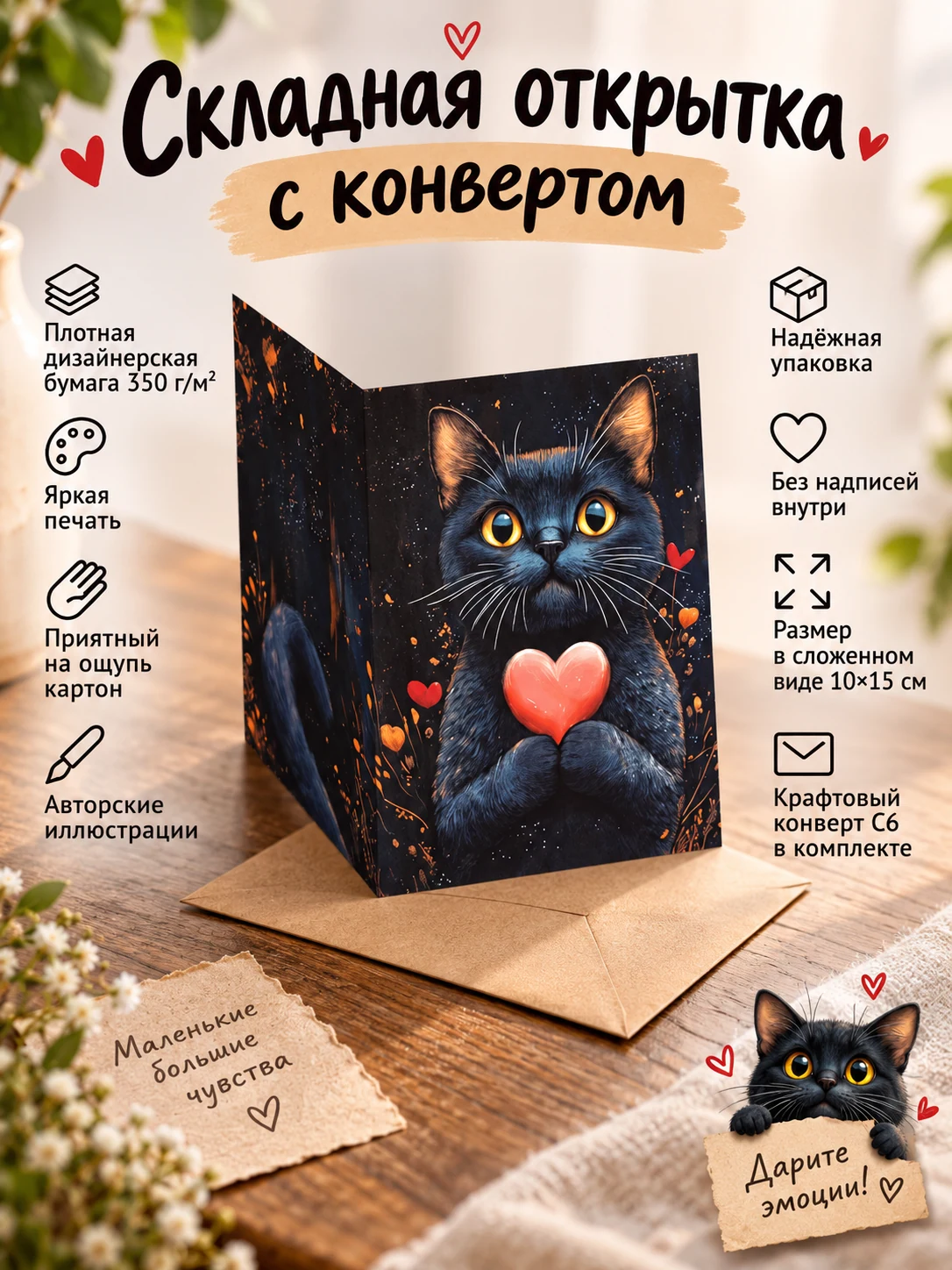 Чёрный котик с сердцем