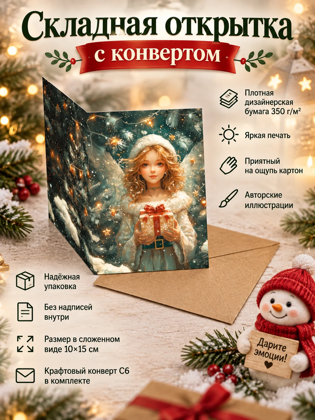 " Рождественский ангел", яркая открытка подарочная с крафтовым конвертом, дизайнерская бумага, складная без надписей, для Нового Года и Рождества