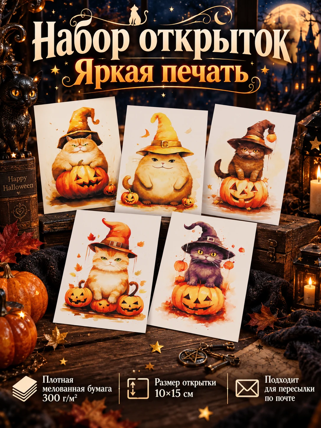 Кот в ведьминской шляпе на тыкве