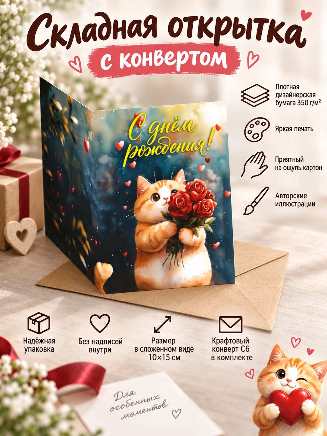 Рыжий кот с розами