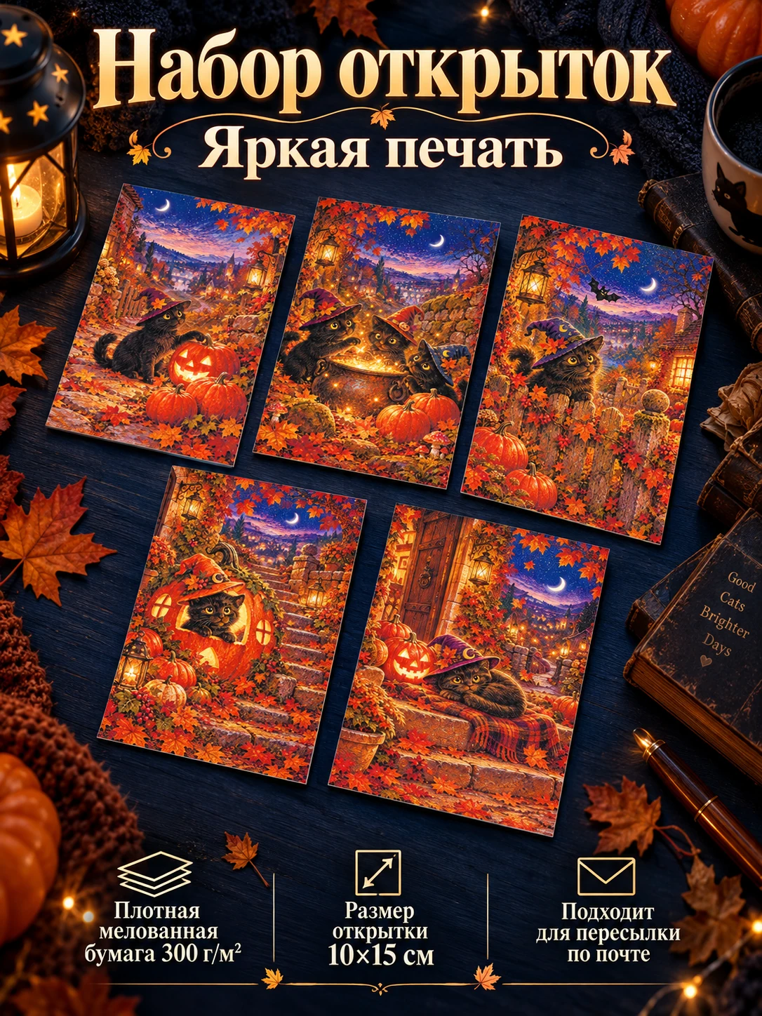 Хэллоуинские котята: набор из 5 открыток для поздравлений и посткроссинга, котята-волшебники с тыквами и шляпами, мини-постеры
