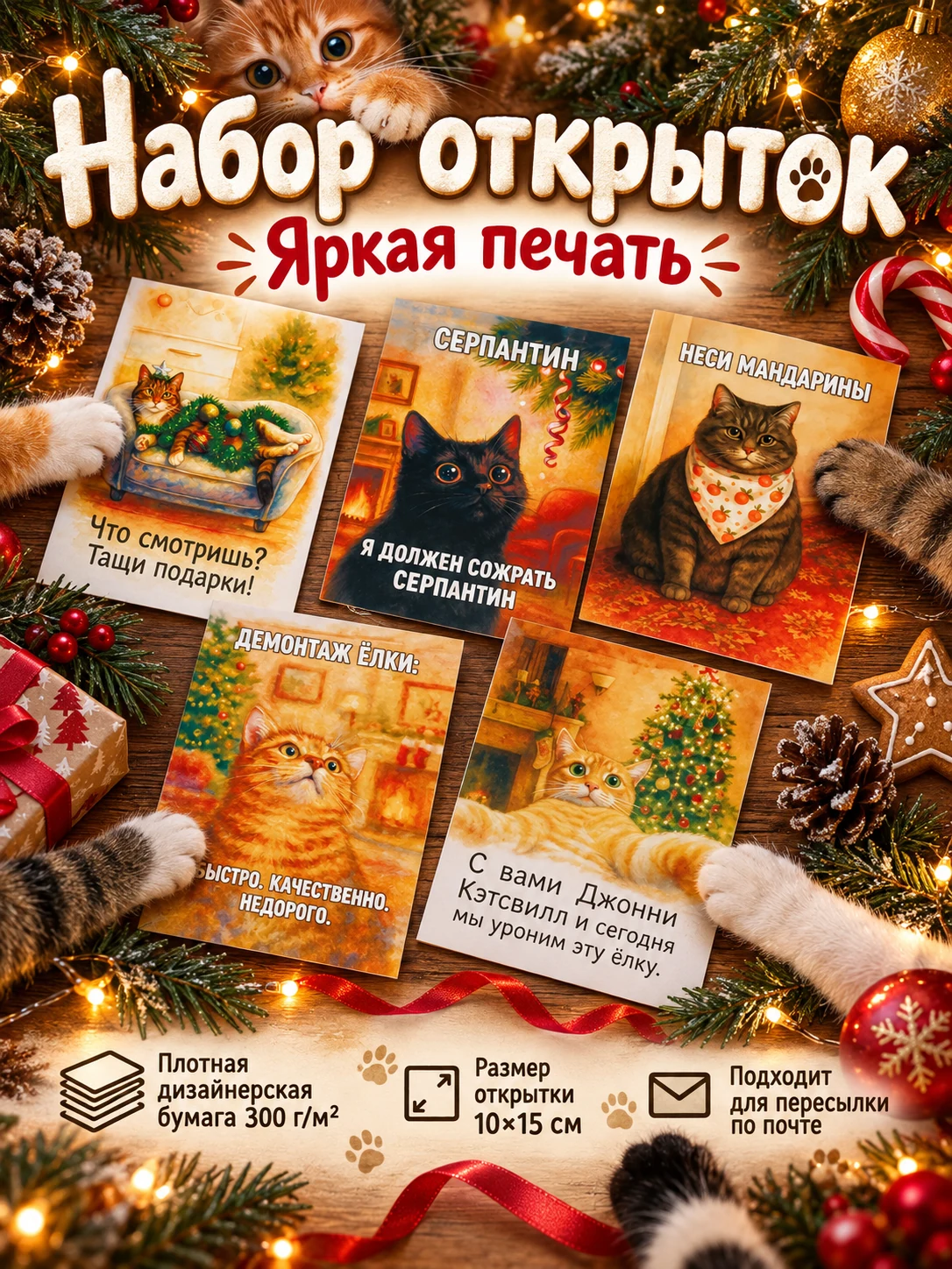 "Мемные новогодние котики": набор из 5 открыток для посткроссинга и поздравлений на Новый Год и Рождество