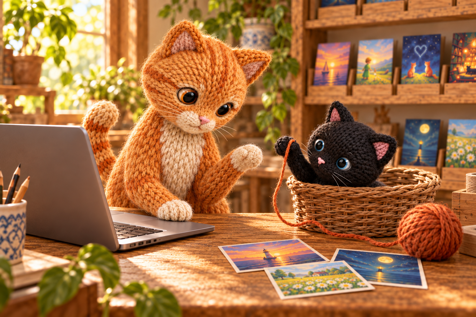 Иллюстрация: рыжий вязаный кот у ноутбука, чёрный котёнок играет в корзинке